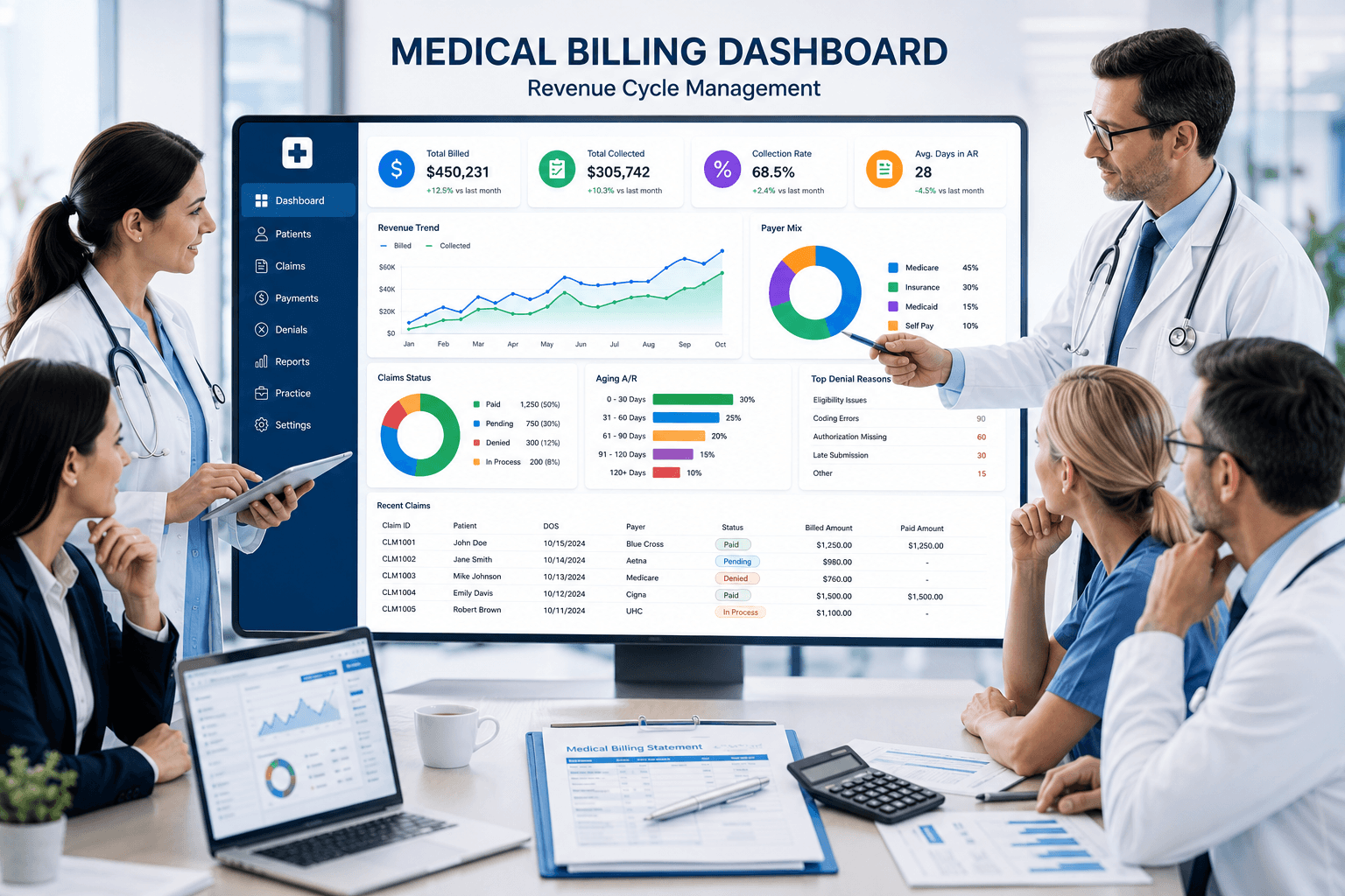 Professional healthcare medical billing dashboard showing revenue cycle management charts, claims data, and medical billing icons