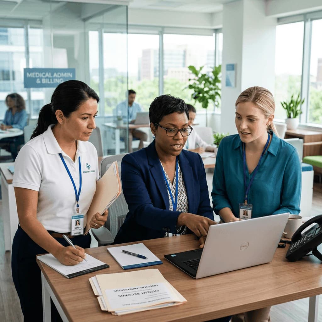 Clinical and billing team discussing patient records