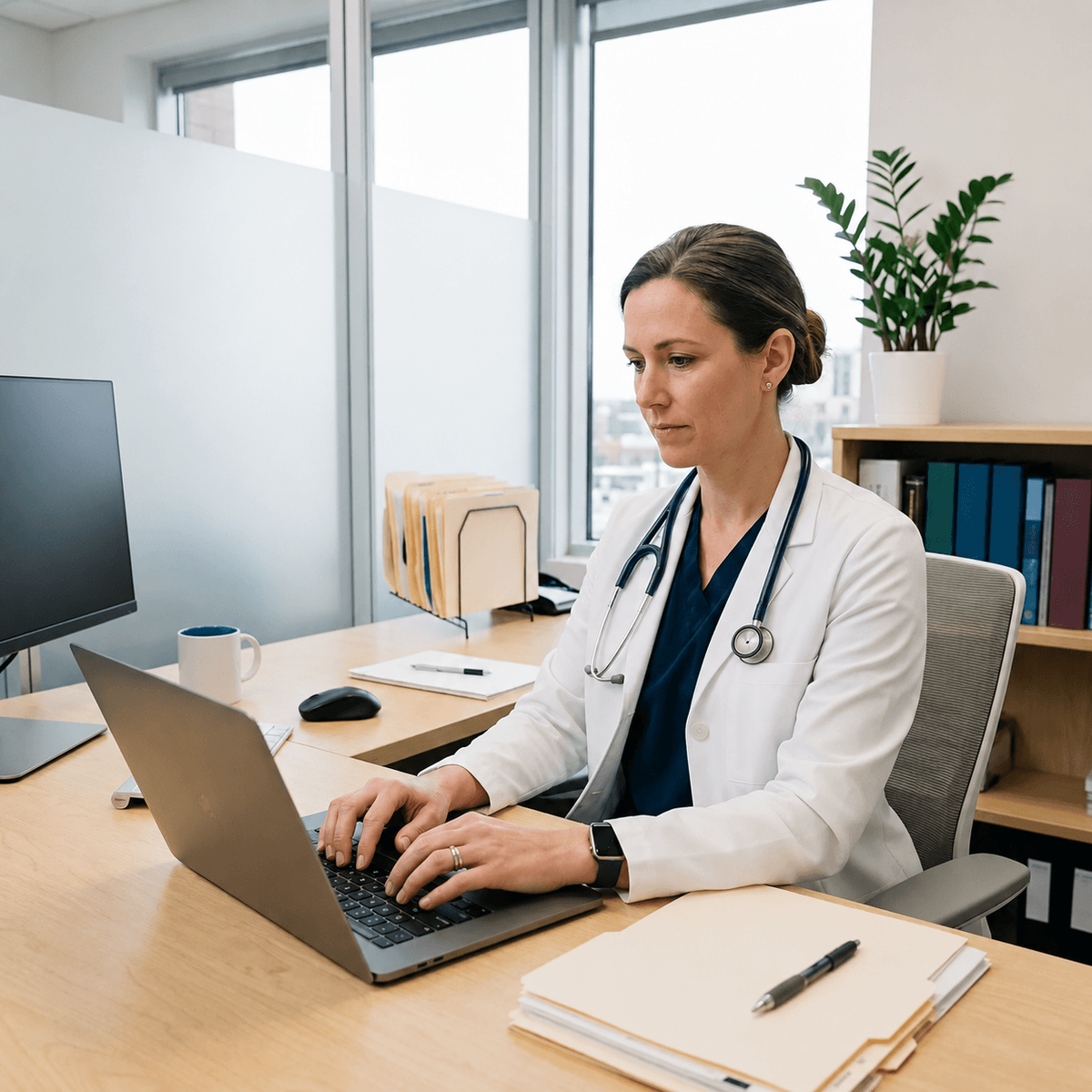 Doctor reviewing billing details on laptop