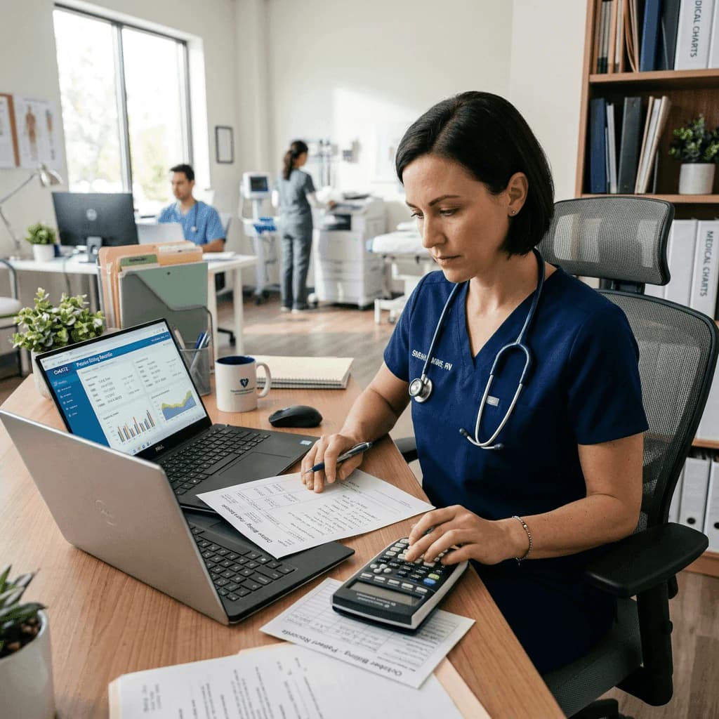 Clinical nurse calculating billings at a desk