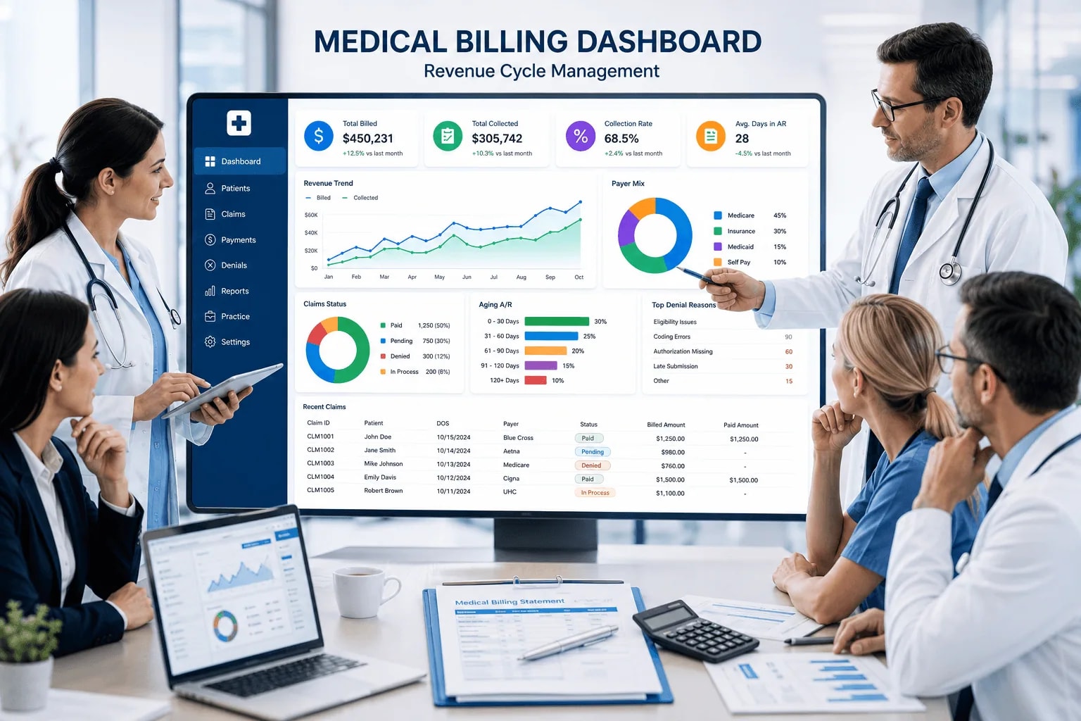 Professional healthcare medical billing dashboard showing revenue cycle management charts, claims data, and medical billing icons
