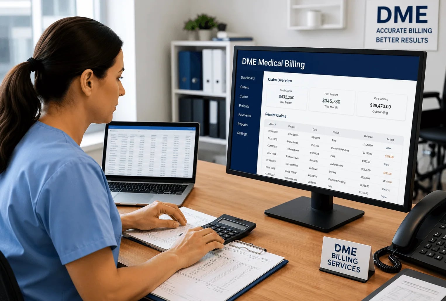 Durable Medical Equipment documentation clipboard alongside a CPAP machine, mask, and wheelchair representing DME billing compliance