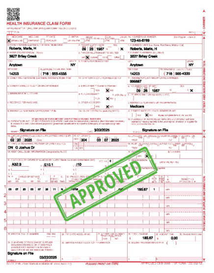 CMS health claim form with verified approved stamp