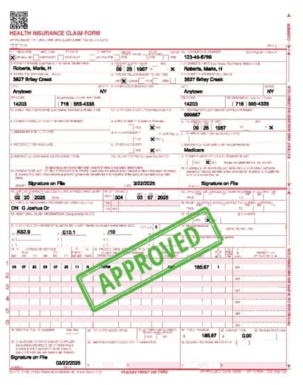 CMS health claim form with verified approved stamp