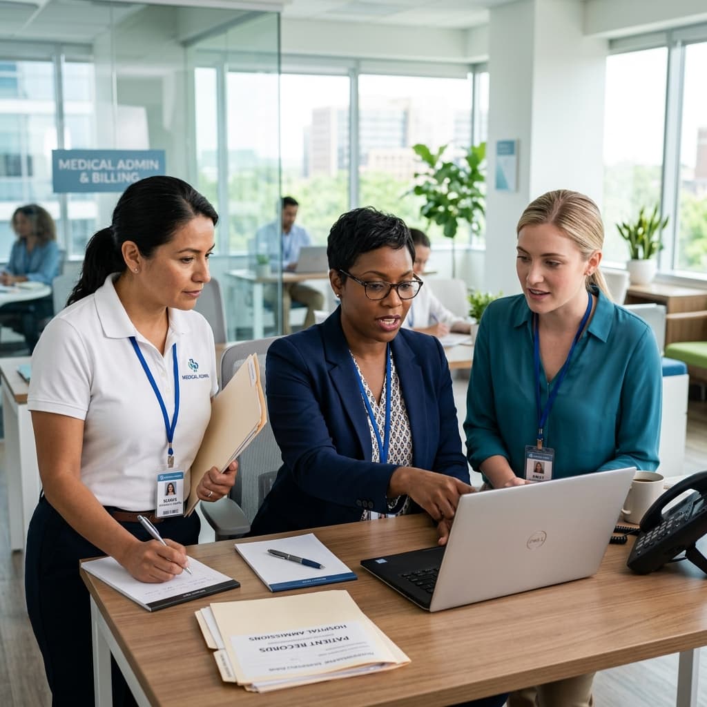 Clinical and billing team discussing patient records