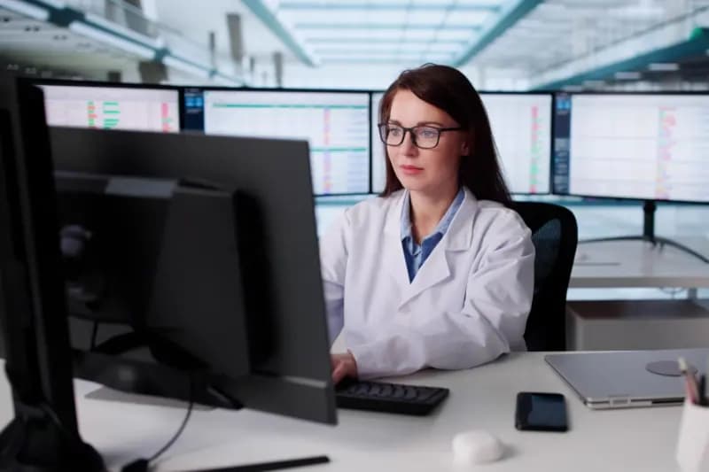 Stressed billing manager looking at computer screens