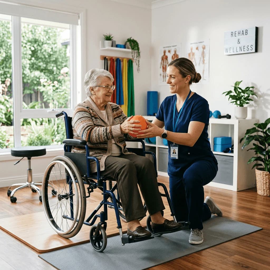 Therapist helping senior patient in wheelchair