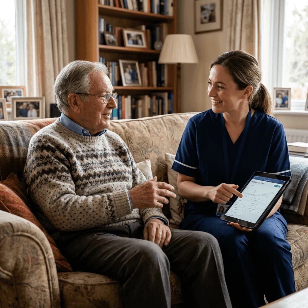 Elder patient talking with nurse holding tablet
