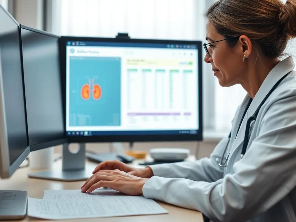 Physician analyzing stacked clinical reports