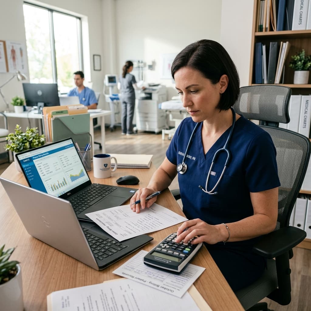 Clinical nurse calculating billings at a desk