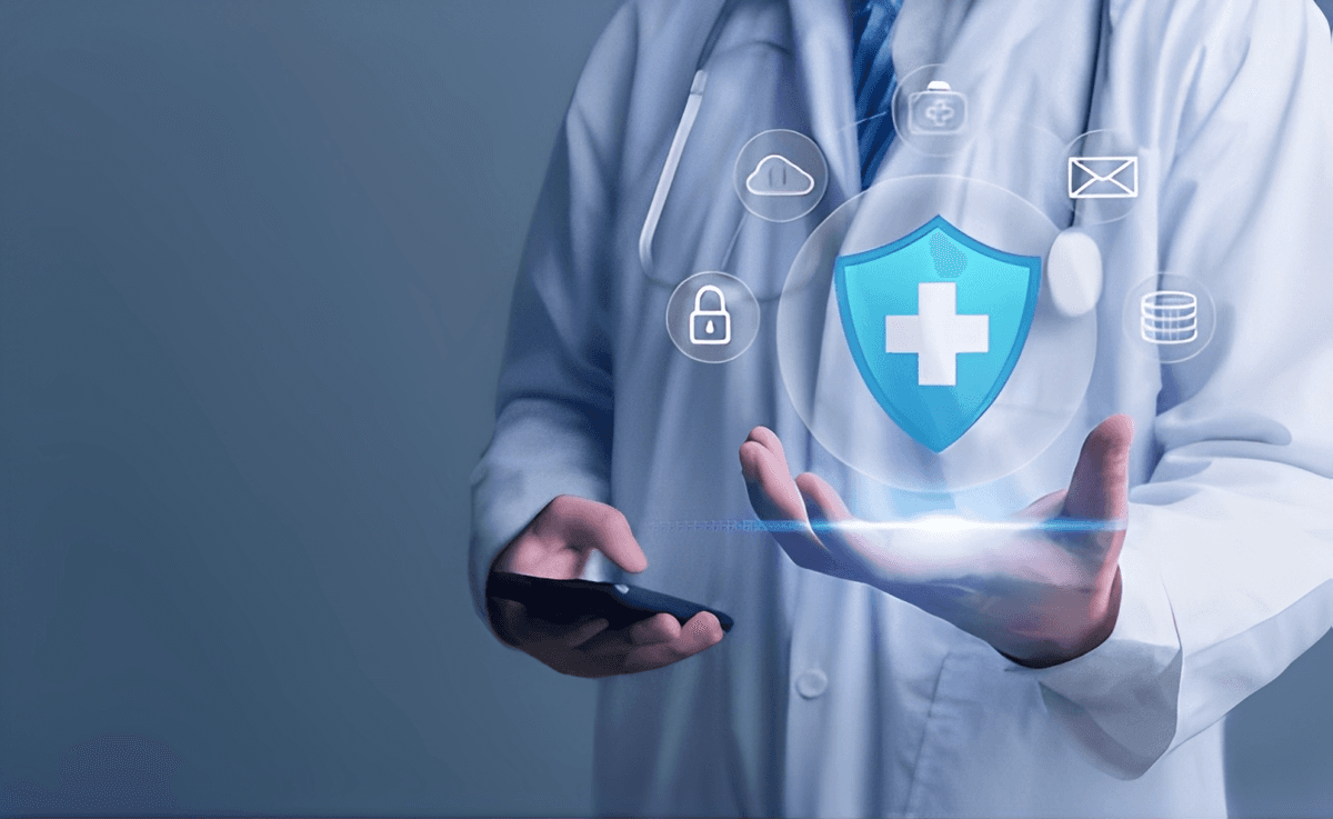 Doctor holding protective shield representing safety and compliance